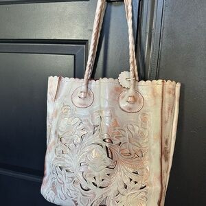 Patricia Nash Cream Leather Tote with Cut-Out Design
